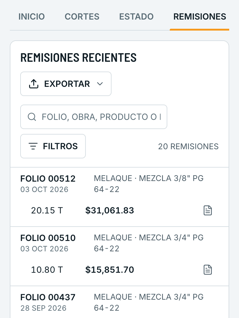 Portal de clientes en un teléfono: pestaña Remisiones con los vales de la quincena